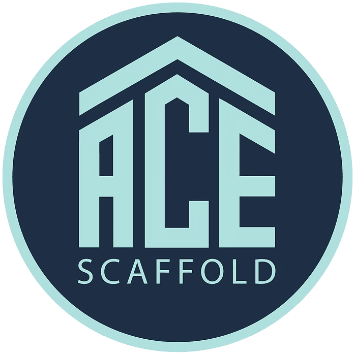 Logo for ACE Scaffold featuring a dark blue circle with light blue text and a stylized roof graphic.